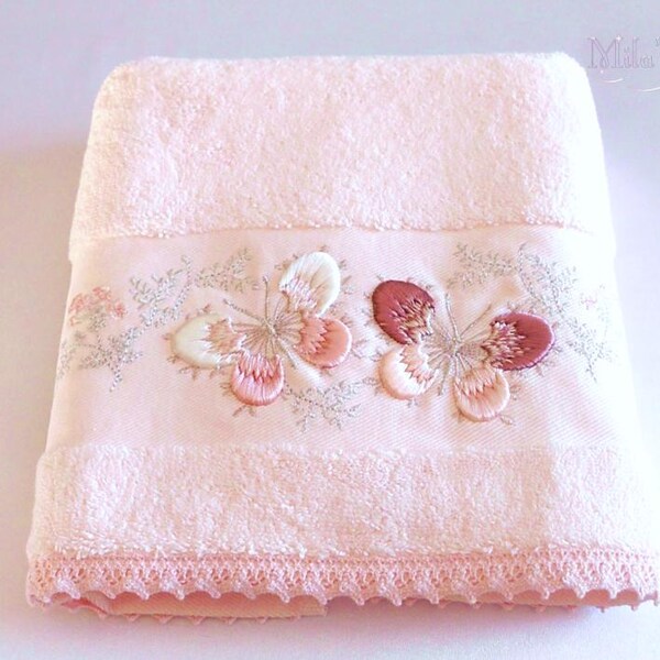 Turkish hand towel with lace and embroidery, 100% premium turkish cotton, wedding bridal french victorian pink butterfly gift idea