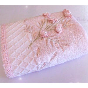 Asciugamano turco, pizzo ricamato cotone/bambù, regalo di nozze con rose floreali, addio al nubilato, stile vittoriano rosa chiaro