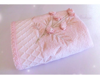 Turkish hand towel, lace embroidery cotton/bamboo, floral roses wedding gift bridal shower, victorian light pink victorian style