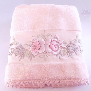 Turkish hand towel with lace and embroidery, 100% premium turkish cotton, wedding bridal french victorian pink roses gift idea