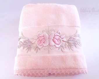 Turkish hand towel with lace and embroidery, 100% premium turkish cotton, wedding bridal french victorian pink roses gift idea