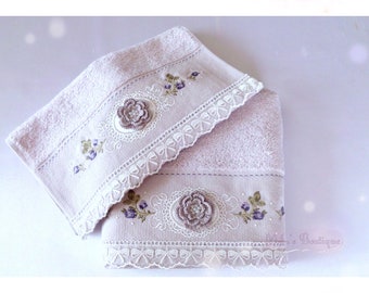 Turkish towel set, lace embroidery, cotton/bamboo blend, floral roses wedding gift bridal shower, antique lilac victorian style