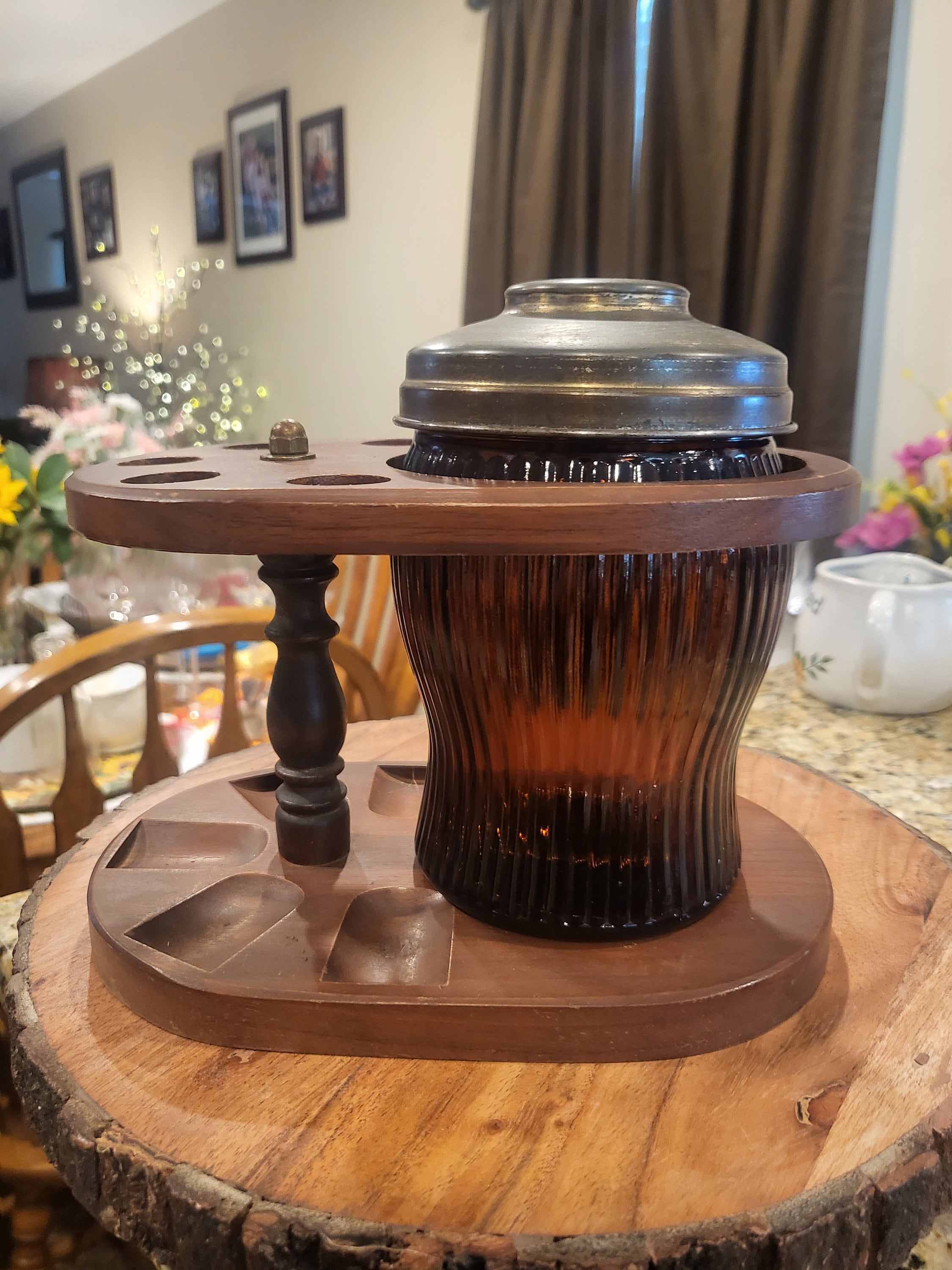 vintage tobacco humidor Vintage Glass Humidor Tobacco Canister and Walnut Stand