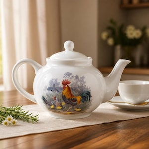 May include: A white ceramic teapot featuring a colorful illustration of a rooster, a hen, and small chicks in a grassy field. The teapot has a rounded body, a curved handle, a spout, and a matching lid with a small knob on top.