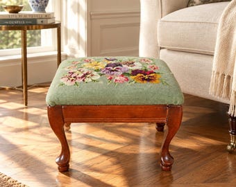 Pansy Needlepoint Stool: Vintage Floral Upholstered Ottoman
