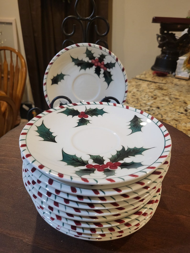 12 1955 Discontinued Lefton Holly Berry Candy Cane Border Saucers. Etsy