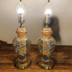 Pair of Vintage 3-Way MCM Floral and Bird Table Lamps