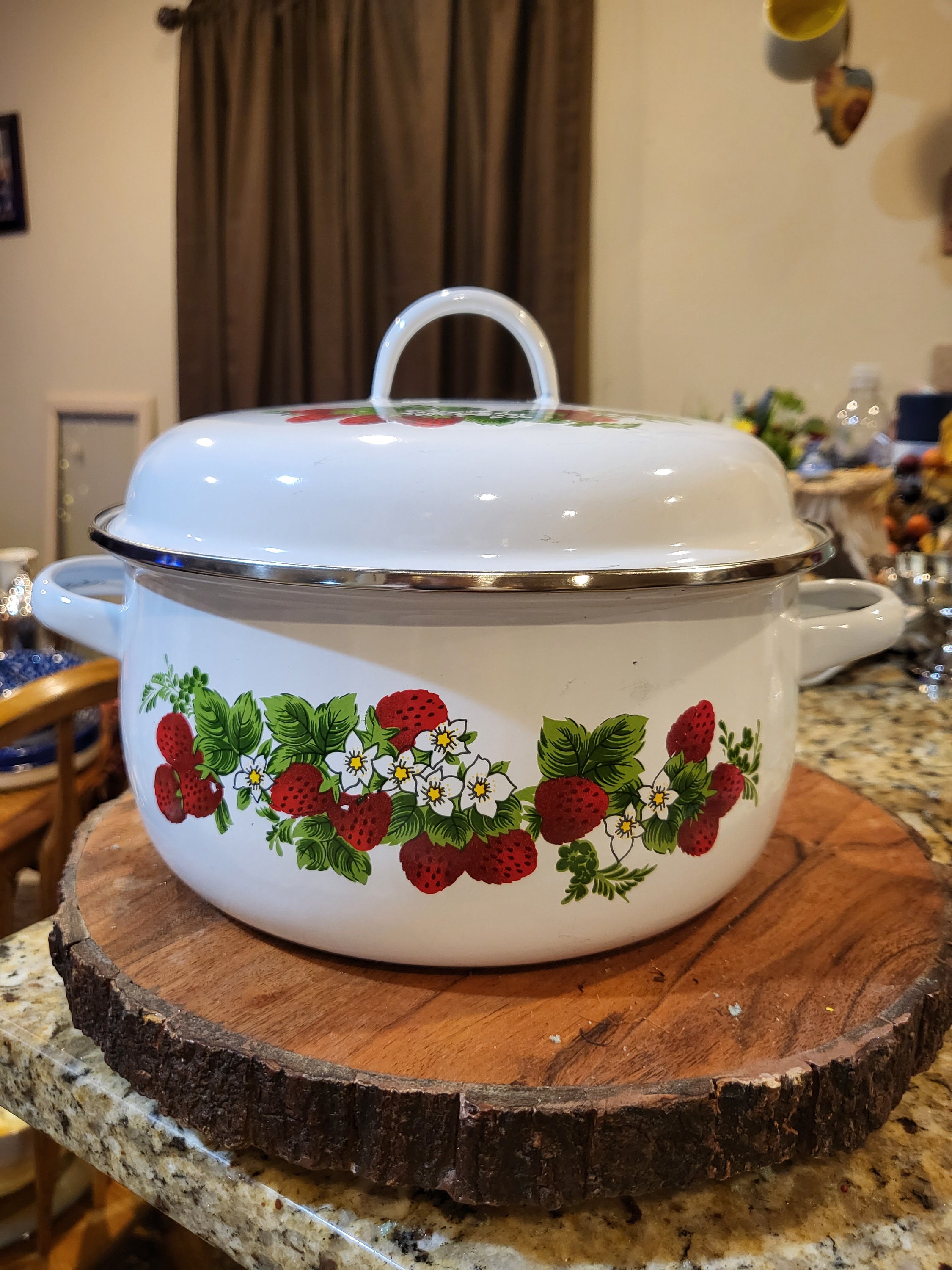 Set 4: Vintage 1980's Steel Enameled Cooking Pots w/lids Strawberry  Stackable!