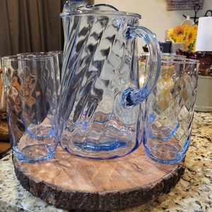 Vintage Indian Glass Pitcher and 7 vintage Libby Blue Glasses