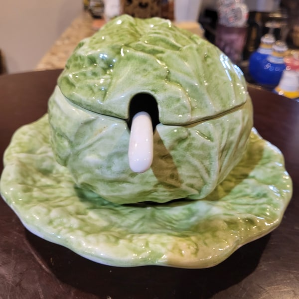 Small Vintage Cabbage Head Tureen with Ladle and Tray.
