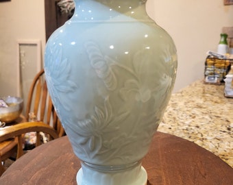 Antique Chinese Celedon Floral Mint Green Vase Chinoiserie