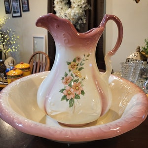 Vintage Pink and White Floral Pitcher and Basin