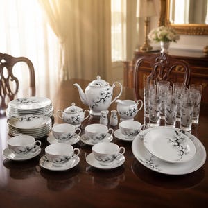 May include: A white porcelain dinnerware set featuring a black pine branch pattern. The collection includes a teapot, sugar bowl, creamer, salt and pepper shakers, teacups with saucers, dinner plates, salad plates, and tall drinking glasses.