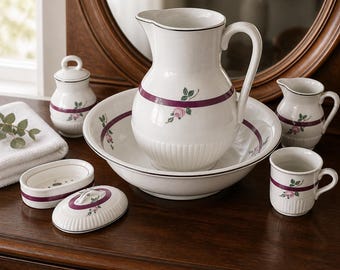 Vintage Athena USA Ceramic Wash Basin & Pitcher Set With Pink Rose