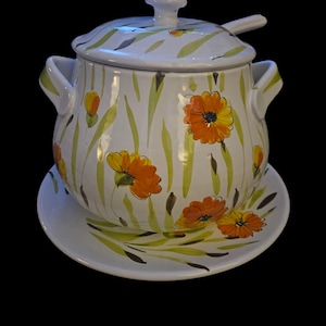 Vintage Floral Pattern Italian Soup Tureen w/ Lid, ladle and platter