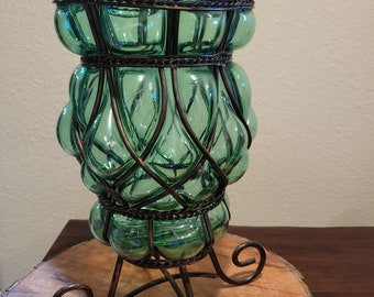 Vintage Caged Glass in Wrought Iron Vase