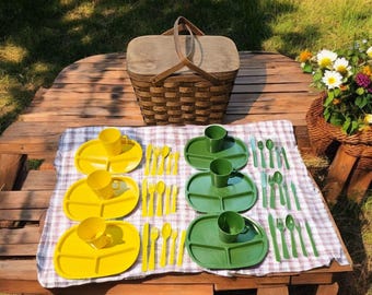 Vintage 1960's Picnic Basket with Original Plates, Cups and Utensils