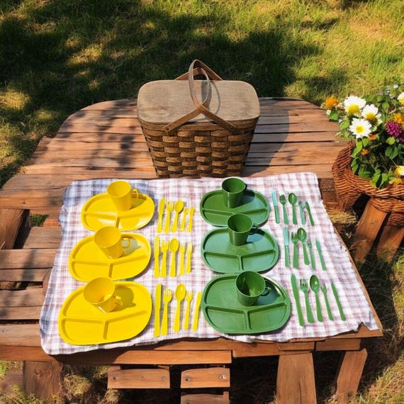 Vintage 1960's Picnic Basket With Original Plates, Cups and