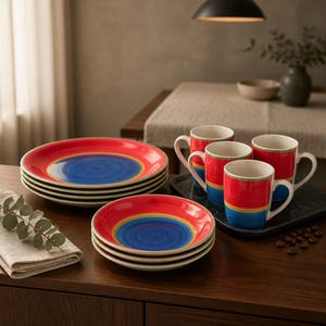 May include: A dinnerware set featuring a stack of large plates and a stack of smaller plates, each with a blue center, yellow ring, and red rim. Four matching mugs with a red body, yellow stripe, and blue base are arranged on a dark tray.
