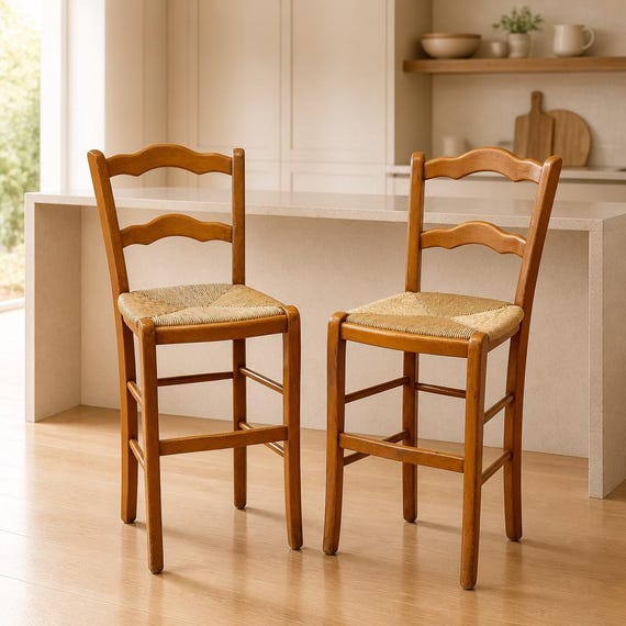 Rush Seat & Back 1960's ヴィンテージチェア　椅子 60s Vintage Rush Seat, Ladder Back Bar Height Chairs - Etsy