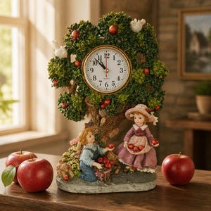 May include: A decorative table clock featuring a tree with green leaves, red apples, and white birds. Two figures stand at the base: one in blue overalls and one in a pink dress and hat, both holding baskets of red apples. The clock face is white with black numbers.