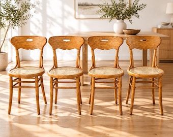 Antique Oak Bentwood Canned Seat Dining Chairs, Set of 4, Early American