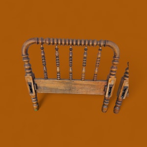 May include: A vintage wooden headboard with a warm, aged finish. The headboard features a curved top with a series of turned spindles and decorative posts. The design includes detailed carvings and a classic, antique aesthetic. The headboard is likely for a twin or full-size bed.