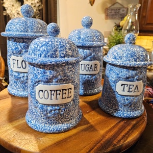 Porcelain Blue And White Tea Coffee Sugar Canisters Vintage