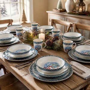 May include: A ceramic dinnerware set featuring a white base with blue and white polka dot rims and a central illustration of a snowman decorating a Christmas tree. The set includes plates, bowls, and mugs arranged on a wooden table with greenery.