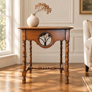 May include: A wooden side table with a rectangular top and four turned legs connected by a lower stretcher. The front apron features a circular cutout containing a black metal floral inlay. A small, off-white ceramic vase holds dried flowers.