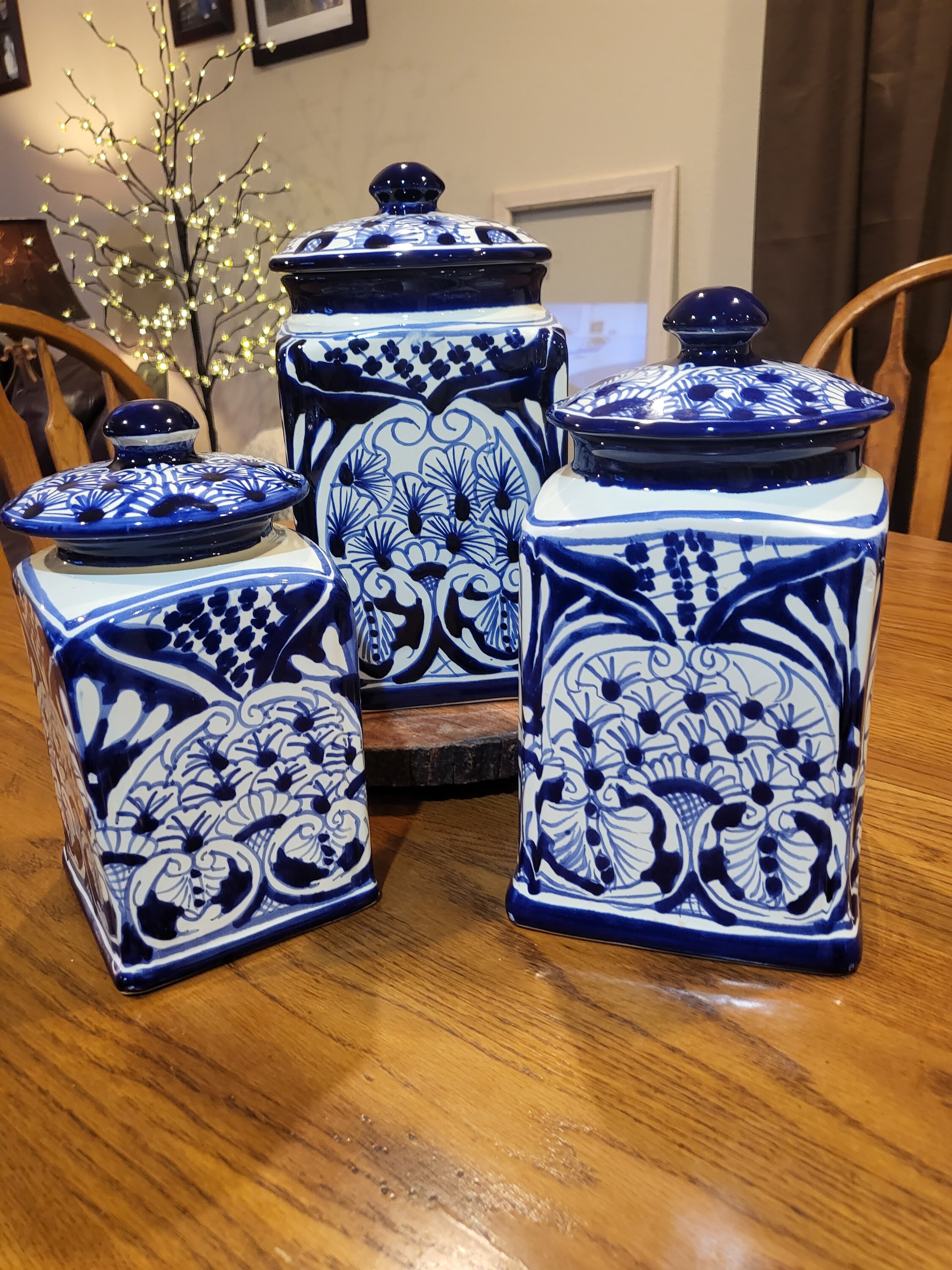 Blue White Talavera Porcelain Utensil Holder Canister Jar w Wooden Utensils  New