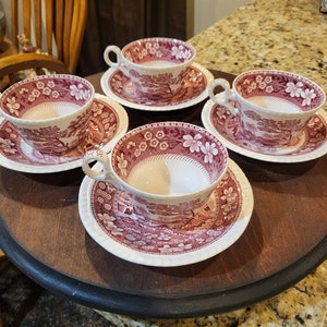 Vintage Spode Pink Tower Design English Transferware Tea Cups and Saucers