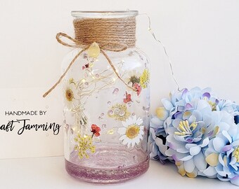 White Daisy Flower Vase, LED option, Real Flower Tea Light