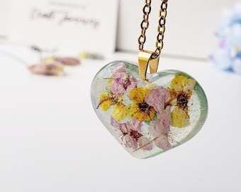 Pressed Flower Heart Pendant, Real Flower Jewelry