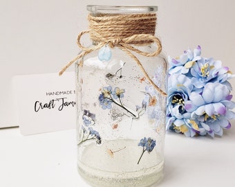 Blue Forget-Me-Not Floral Vase, LED option, Real Flower Decor, Anniversary, Wedding, Memorial Gift, Tea Light