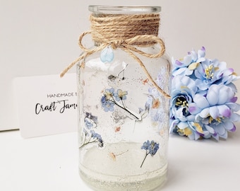 Blue Forget-Me-Not Vase, Real Dried Flower Decor, LED Option