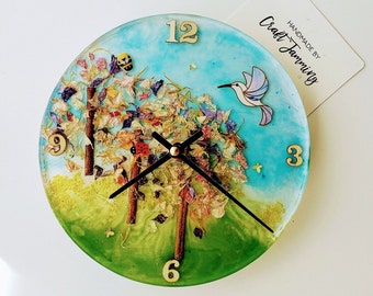 Forest Themed Clock with Hummingbird & Flower Petal, 18cm
