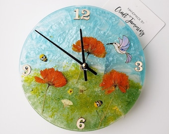 Humming Bird Round clock, Pressed Flower Wall Clock, 18cm
