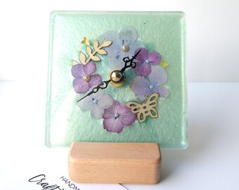 Hortensien Mini Blumen Uhr, Quadrat 10cm, Hochzeit/ Einweihungsparty/ Jahrestag einzigartiges Geschenk