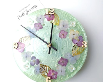 Emerald Green Flower Wall Clock, Home Grown Hydrangea, 18cm