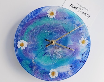 Blue Daisy Clock, 18cm, Wedding/ Housewarming/ Anniversary/ Unique Gift