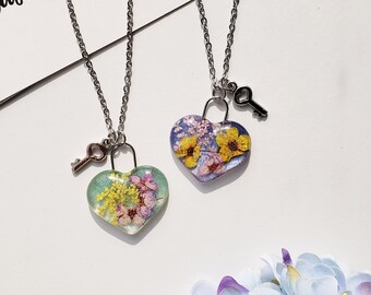 Cubic Lock Heart Shaped Pendant, Pressed Flower Jewelry