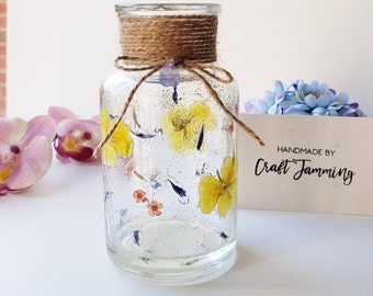 Yellow Pansy Floral Vase, LED option, Real Flower Decor