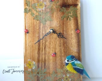 Garden Bird Wooden Clock, Pressed Flower Decor, 23cm