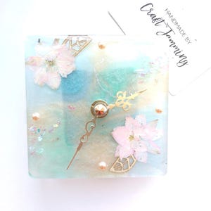 Turquoise Moon River Desktop Clock with Pink Flower, Square 10cm