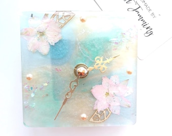 Turquoise Moon River Desktop Clock with Pink Flower, Square 10cm