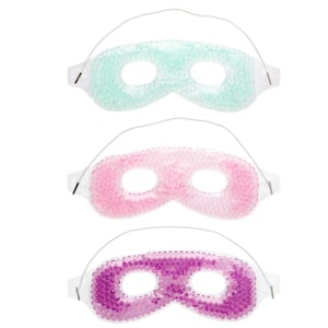 Op de afbeelding: Drie gel oogmaskers in groen, roze en paars. Elk masker heeft een transparant plastic frame, gevuld met kleine gelparels, en een witte elastische band. De maskers zijn ontworpen om de ogen te kalmeren en te ontspannen.