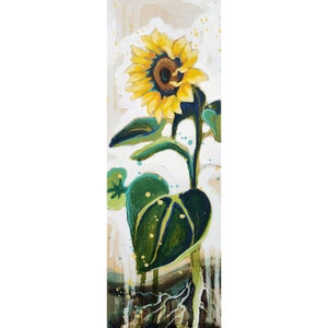 May include: A painting of a sunflower with yellow petals and a dark brown center. The sunflower is on a green stem with large green leaves. The background is a light beige with white and blue paint splatters.