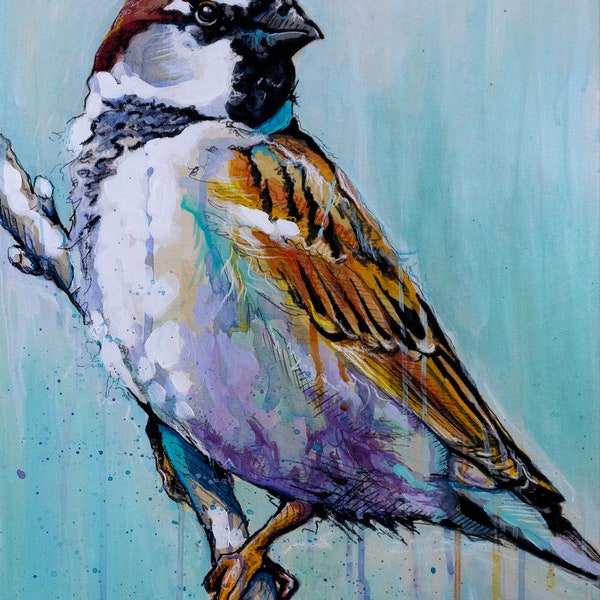 Male House Sparrow Acrylic Art Print, Sparrow Painting, Sparrow Print, Bird Art, Animal Art, Nursery Decor, Kid Room Decor, Home Decor,