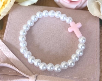 Beaded Cross Bracelet for Girls:, First Communion Bracelet With Cross For Girls, Religious Pearl Bracelet for Little Girls